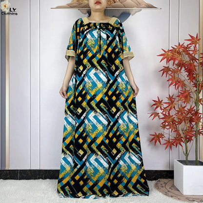 New Muslim Dress Woman Short Sleeve Dashiki African Abaya Tie-dyed Printing Cotton Loose Femme Robe Islamic Dresses With Scarf