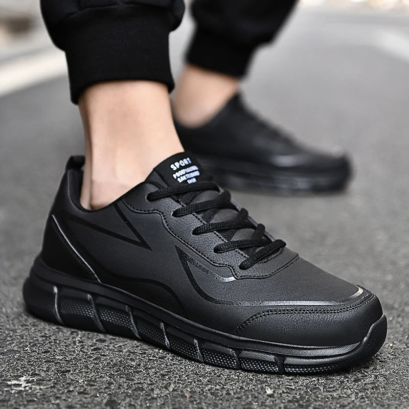 YRZL Black Running Shoes Leather Waterproof Athletic Sneakers Men Wear-resistant Men Walking Sport Shoes Comfortable Men Shoes.