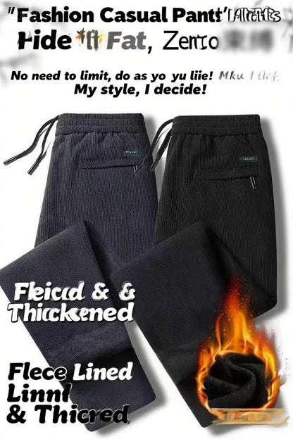 Black gray men's corduroy casual pants with drawstring, thick elastic business pants, mid waist brand winter warm pants.