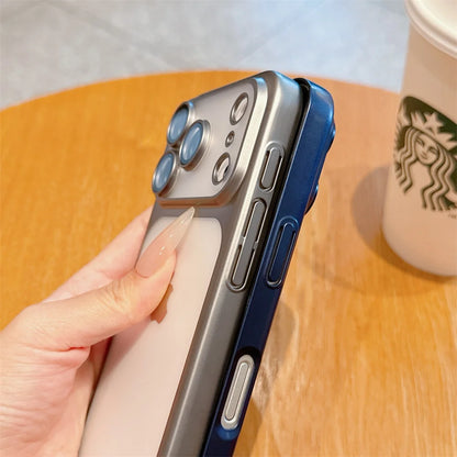 Luxury Frosted Transparent Matte Phone Case For iPhone 16 15 17 Pro Max Air Full Lens Protector Metallic Color Frame Armor Cover.