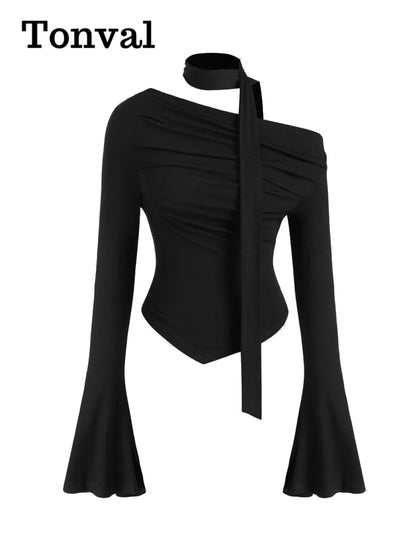 Tonval Long Sleeve Asymmetrical Hem Black Vintage Tops Sexys Off Shoulder Goth Clothes Women Y2K Solid T Shirt.