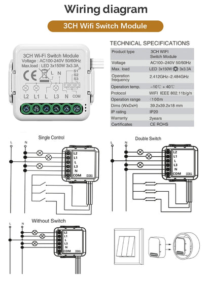 Tuya DIY Breaker Wifi Smart Light Switch Modul 10A 100-240V Zwei-Wege App Fernbedienung Arbeit mit Alexa Google Home 1/2/3/4Gang.