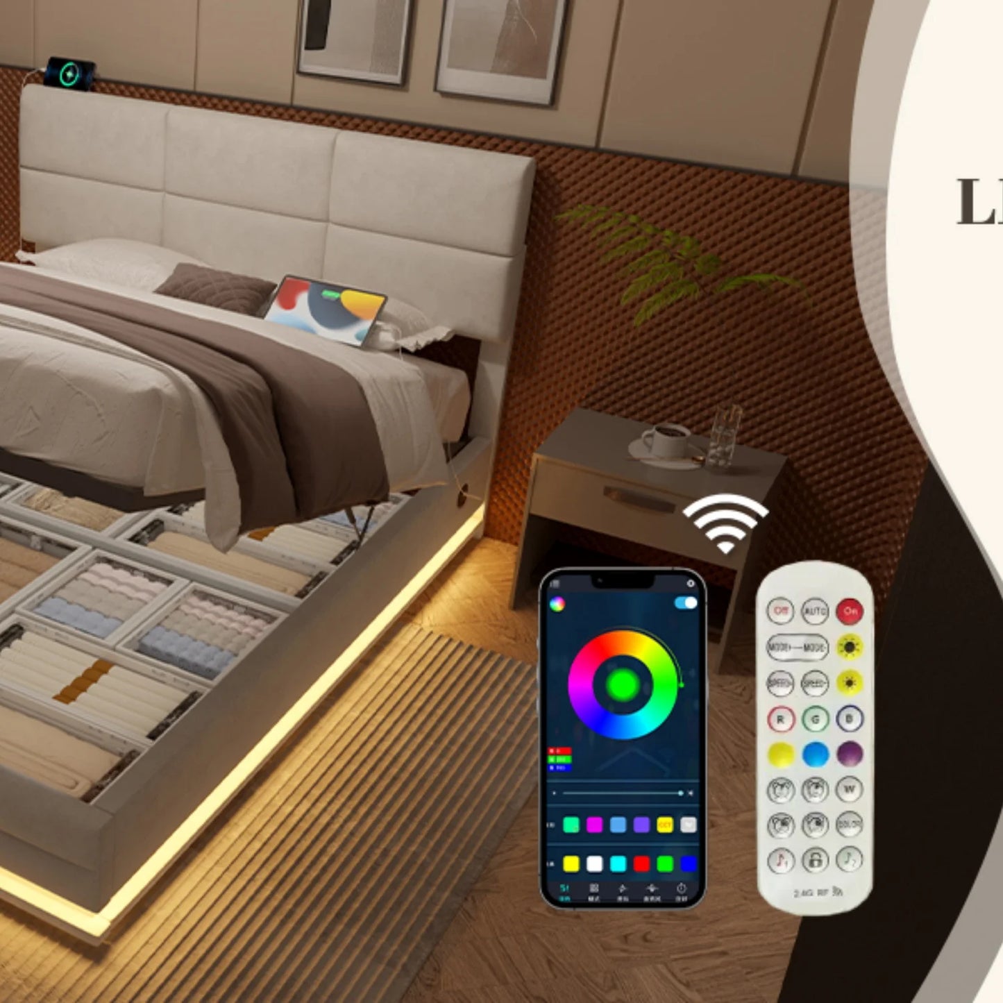 160 x 200 cm großes Bett, modernes, höhenverstellbares Kopfteilbett mit großem Stauraum und LED-Umgebungsbeleuchtung, USB/Typ-C-Verbindungen