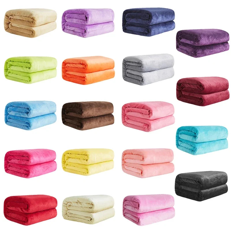 230GSM Coral Fleece Flannel Blankets For Beds Solid Blue Pink Soft Warm Thin Bedspread Sofa Cover Faux Fur Plaid Blanket.