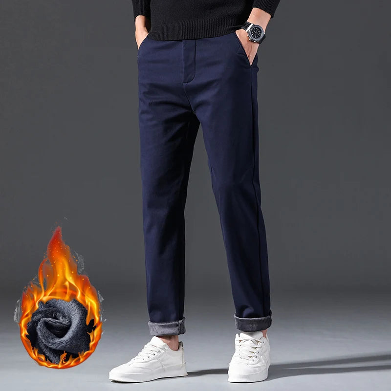 Winter Casual Men Classic Style Business Warm Plush Trousers Regular Thick Fur Pants Male Fleece Elastic Straight Formal Pants.
