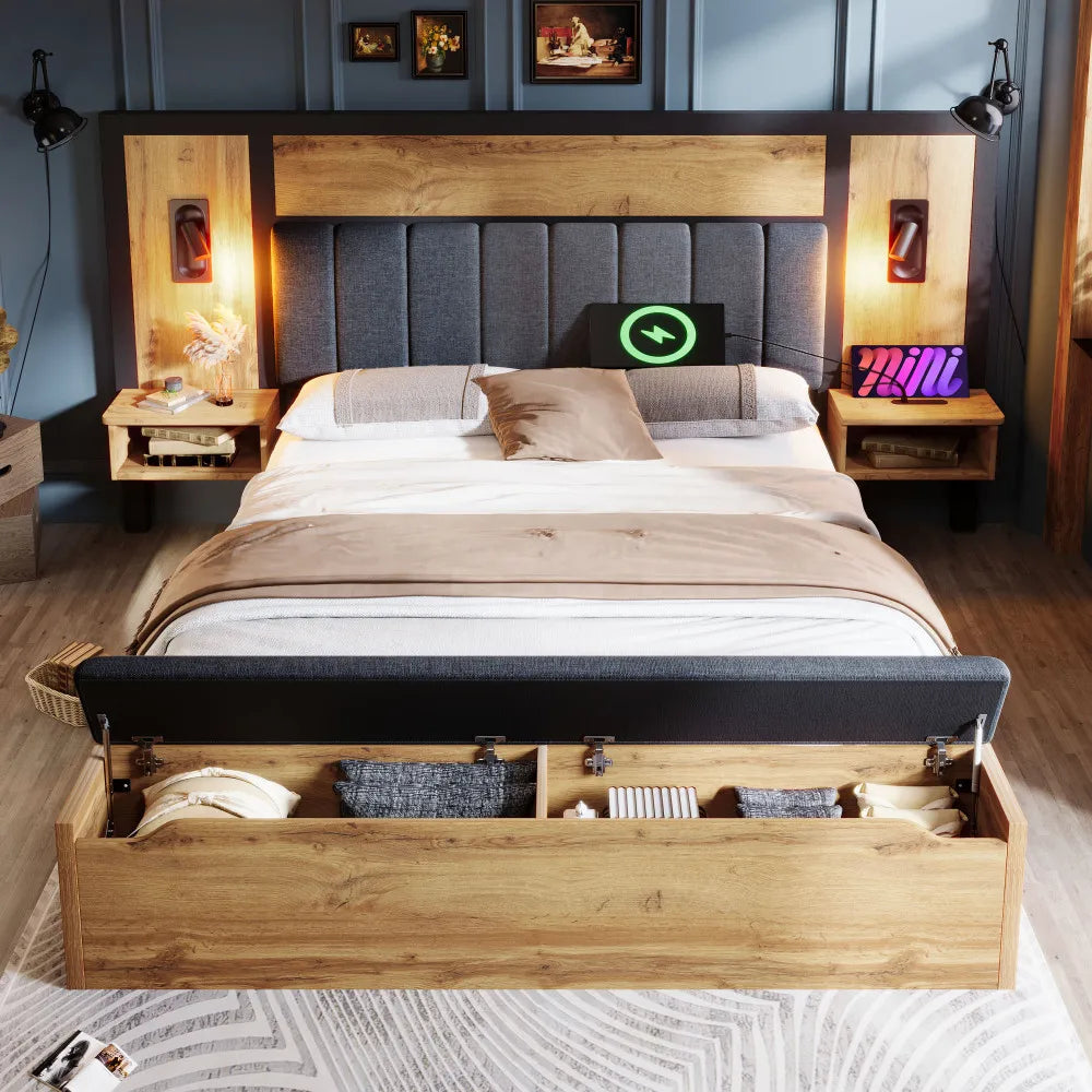 Bett mit gepolstertem Bettsystem mit Leselampe und USB-C-Nachttisch und Sitzbank mit Stauraum (ohne Matratze)