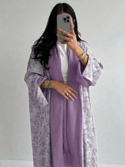 Lockeres, mit Blumenmuster bedrucktes Abaya-Langarmkleid für den orientalischen Nahen Osten für Damen, elegante Robe mit offener Vorderseite ohne Schal.