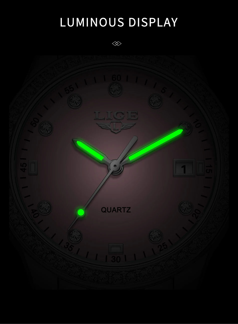 LIGE 2025 Diamond Women's Watch Fashion Elegant Quartz Wristwatches Waterproof Steel Strap Watch For Ladies Gifts Reloj Mujer.