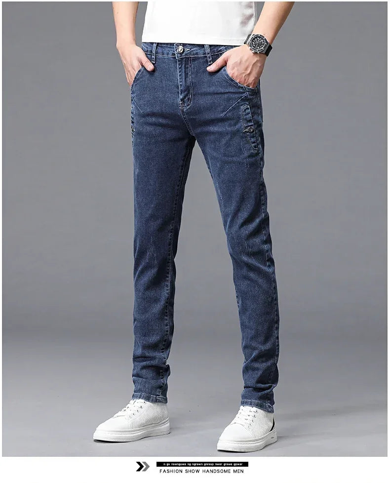 2024 New Men's Skinny Jeans Blue Gray Cotton Elasticity Straight Pencil Foot Slim Fit Fashionable Casual Denim Long Pants Male.