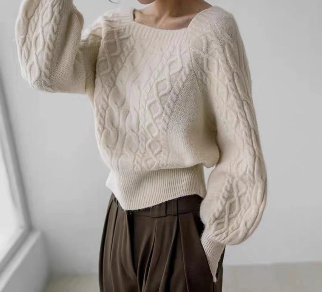 Frauen Square Neck Verdicken Rippe Pullover Laterne Hülse Lose Büro Stricken Pullover Frauen Herbst Winter Casual Feste Warme Pullover.