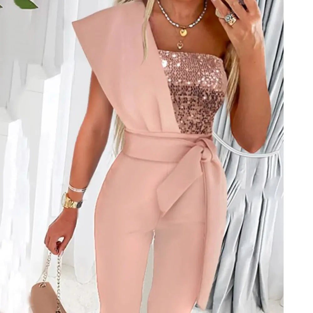 Women Jumpsuits Sleeveless Rompers Overalls Solid One Piece Pencil Pants Slim Belt Slight Strech Spliced Sequins Office Lady