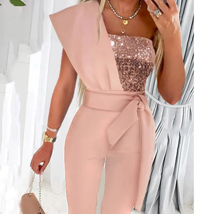 Women Jumpsuits Sleeveless Rompers Overalls Solid One Piece Pencil Pants Slim Belt Slight Strech Spliced Sequins Office Lady