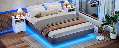 140 x 200 Lattenrost aus Holz mit LED-Beleuchtung, Plüsch, 140 x 200 cm, gepolstertes Bett, graues Leinen-Kopfteil, Schlafzimmermöbel