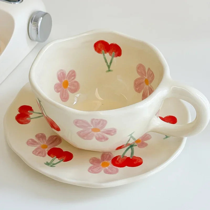 Flower Pattern Ceramic Cup Korean Style Saucer Set Hand Pinched Irregular Coffee Milk Cup Afternoon Tea Tableware Gifts for Home.
