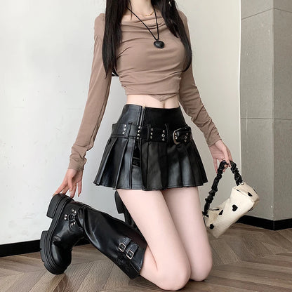 Women's Black Gothic A-line Pleated Leather Skirt Y2k Mini Shorts Skirts Harajuku Korean Emo Skirt 2000s Vintage Clothes Summer.