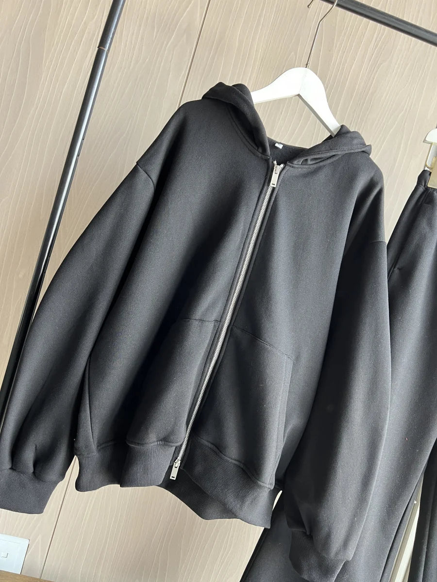 ETJ 2025 Fall/Winter new  women's casual sports oversized zipper hoodie wide leg mop sweatpants set 4174842.