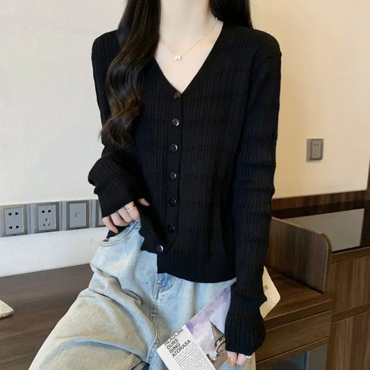 Women's Long-sleeved Button Cardigan Solid Color Casual Loose Fashion Top.