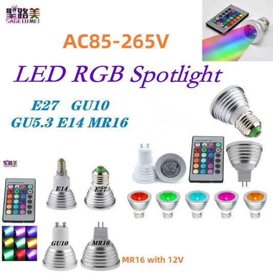 AC85-265V 12V MR16 E27 E14 GU10 GU5.3 RGB Spotlight 3W Dimmable E27 Led Bulbs with 24keys Remote Light Tubes for Home Decoration.