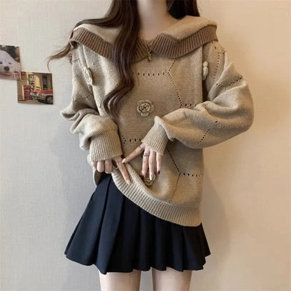 2025 French Gentle Style Soft Glutinous Doll Collar Sweater for Women in Autumn Winter Loose Slim Versatile Pullover Style.