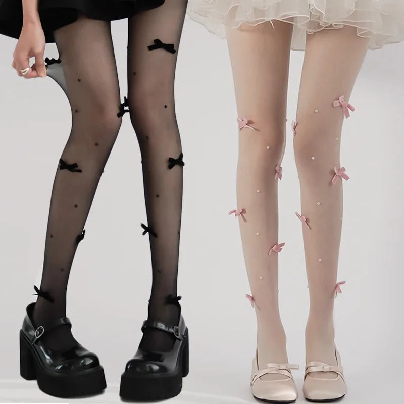Lolita Pink Velvet Bow Embroidery Pearl Tights Pantyhose Fashion Women Tights JK Lolita Styles Sweet Girls Kawaii Cute Stocking.