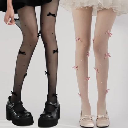 Lolita Pink Velvet Bow Embroidery Pearl Tights Pantyhose Fashion Women Tights JK Lolita Styles Sweet Girls Kawaii Cute Stocking.