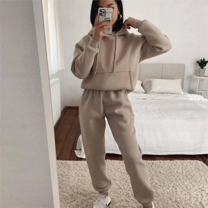 Women's Pocket Long-sleeved Hooded Sweatshirt Casual Set Autumn Winter New Solid Color Loose Sport Long Pants 2 Piece Set Female.