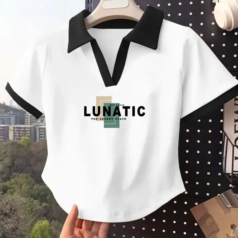 White Short Sleeve Popl Shirt Women's Summer T-shirt 2025 New Style Korean Version Small Size Shoulder Collar Top Cotton Materia.