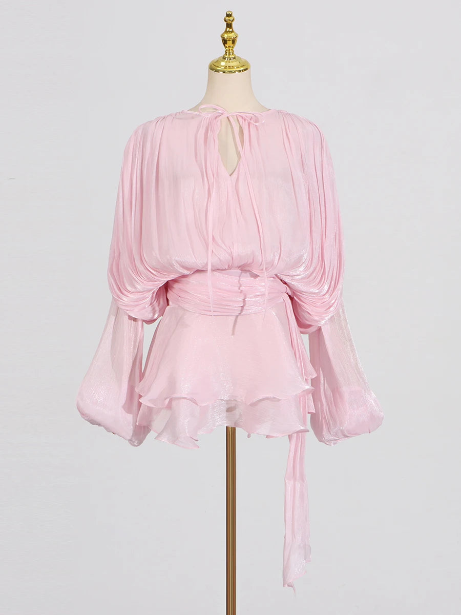 GALCAUR Solide Lose Splicd Lace Up Kleider Für Frauen V-ausschnitt Mit Langen Ärmeln Patchwork Rüschen Tunika Kleider Weibliche Mode Neue