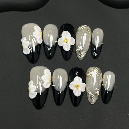 10Pcs Handmade Press On Nails Simple DIY Manicure Almond Black French Tips Fake Nails 3D White Flower Designs False Nails Art.