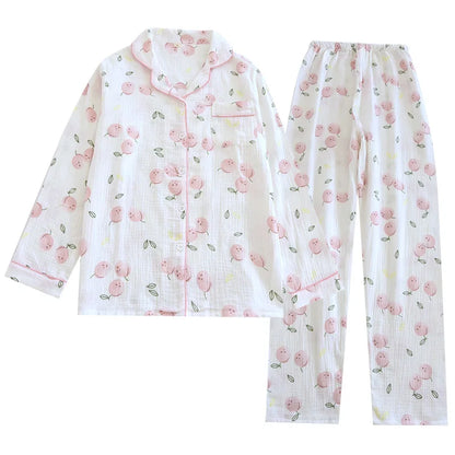 2025 Damen-Pyjama-Set für Frühling/Sommer, bedruckt, 100 % reine Baumwolle, dünn, langärmelig, zweiteiliges Set, frische und süße Strickjacke, Home Fury