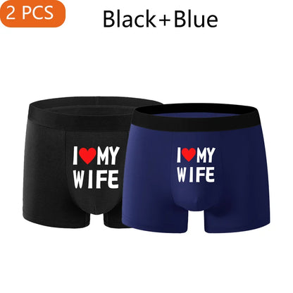 2PCS Herz Muster Männer Unterwäsche Schwarz Einfarbig Männer Boxer Mode Personalisierte Druck ICH Liebe Meine Frau Unterhose mann Geschenk