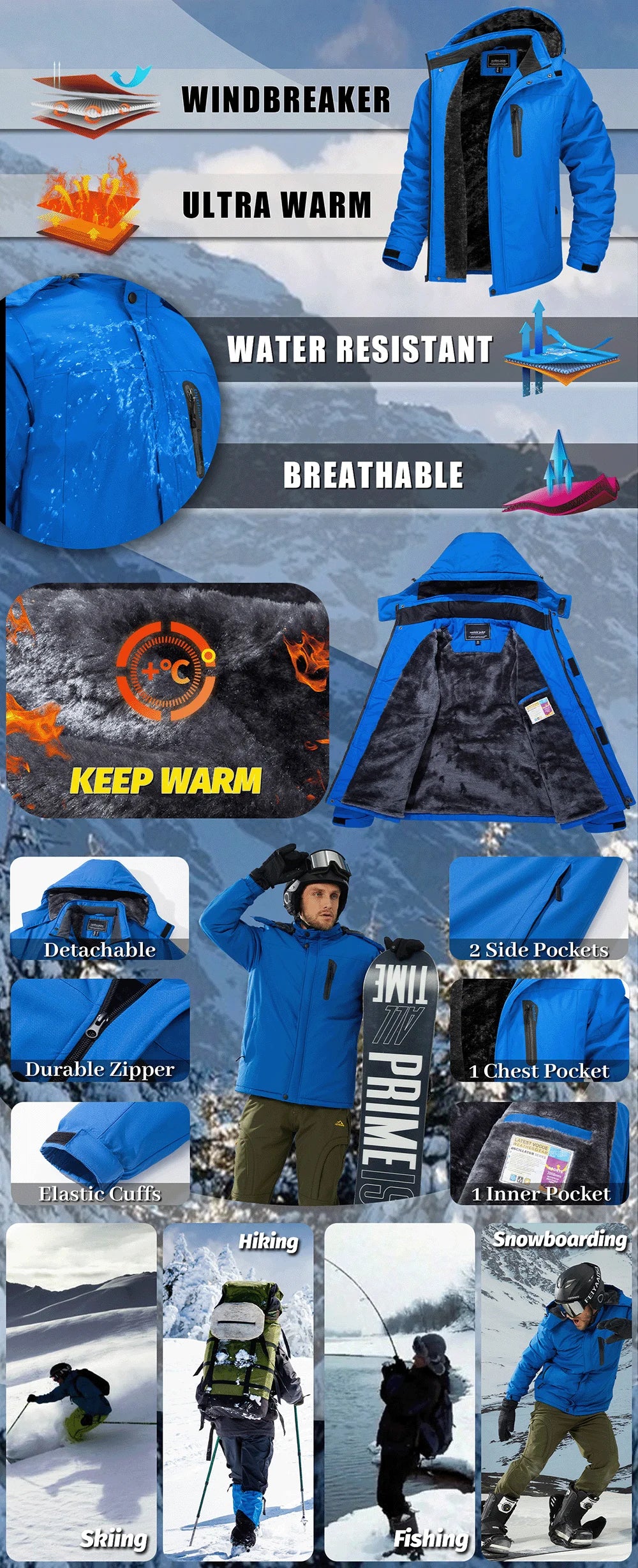 TACVASEN Winter Thicken Fleece Jacket Mens Waterproof Hiking Skiing Jackets Outdoor Mountain Trekking Windbreaker Parka Male.