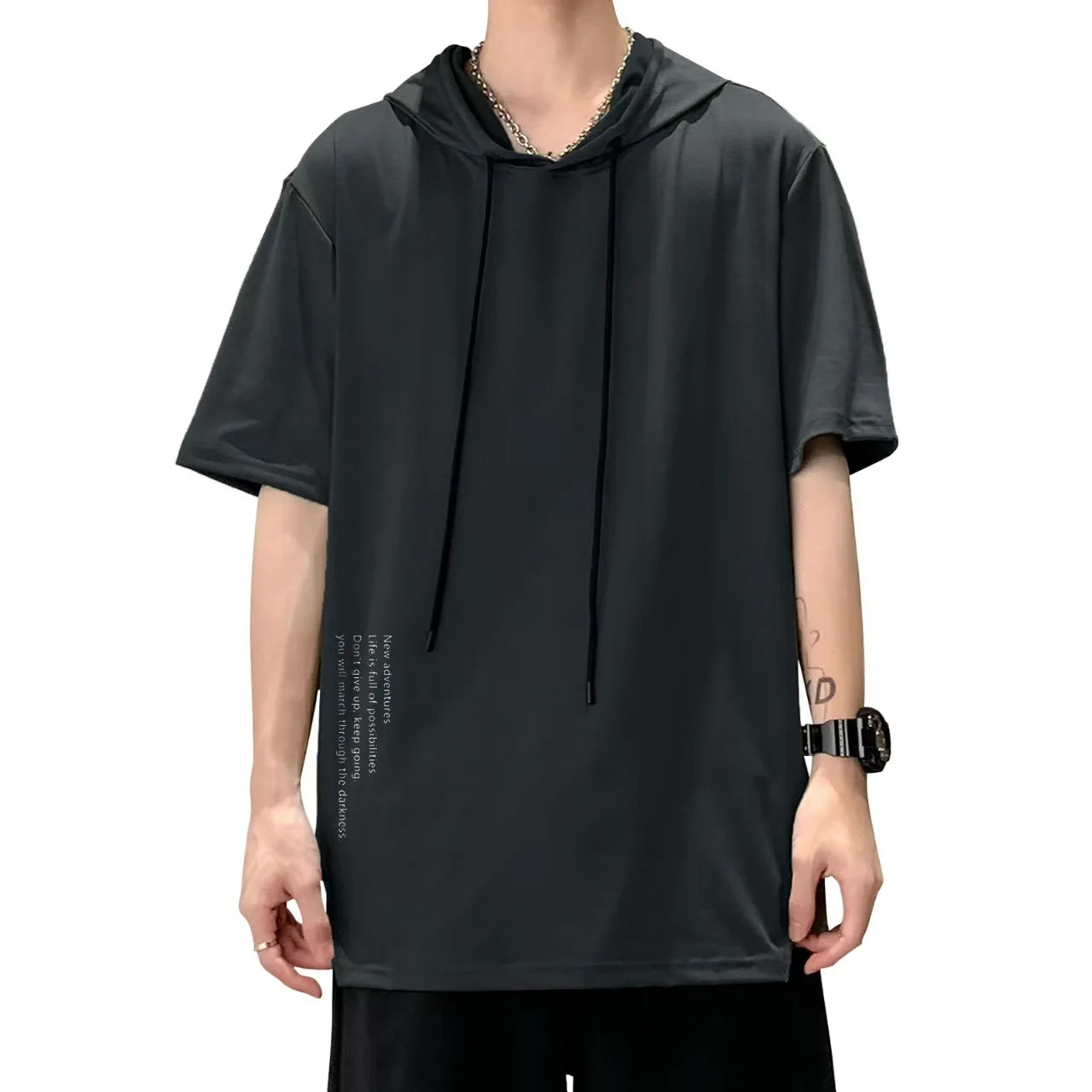 2025 Men's Summer Hoodies T-shirts Short Sleeve Solid Color Loose Hooded Drawstring Pullover Tops Basic Tees for Daily Wear Male