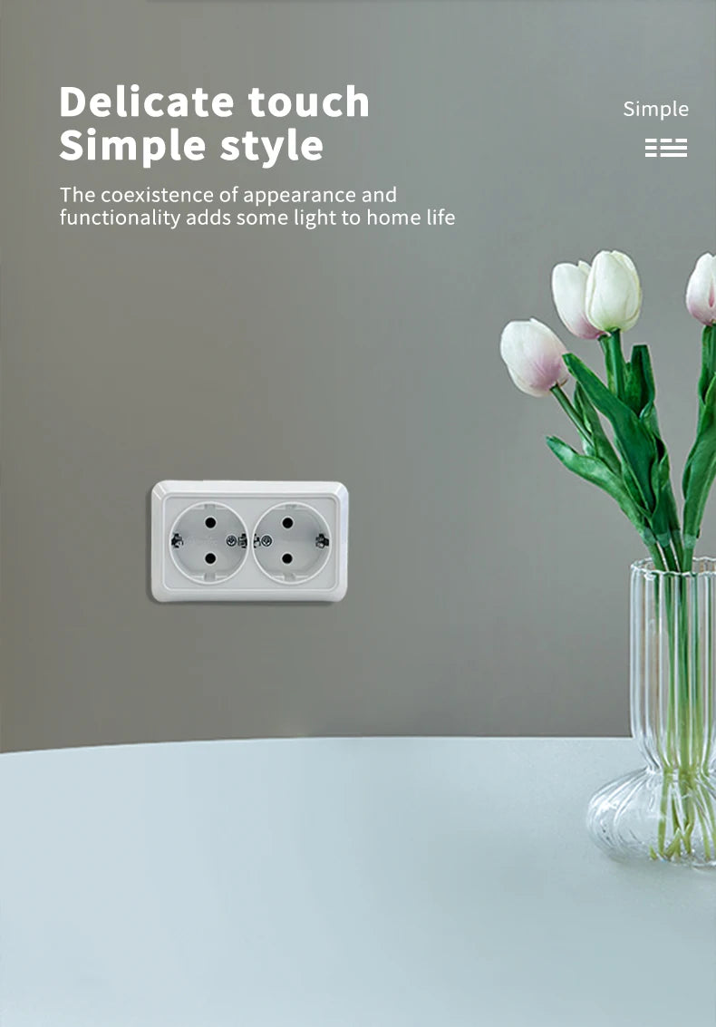 WESA Weiße Wandoberfläche, 2-Steckdosen, EU-Außensteckdosen mit Erdungssteckdose, flammhemmende Farbe aus Kunststoff.