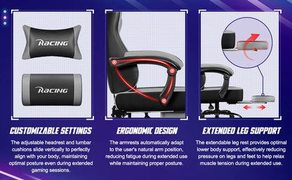 AUTHMIC Ergonomischer Gaming-Stuhl mit 170er °   Liegende Rückenlehne, faltbare Fußstütze, weiche Armlehnen, 150 kg, atmungsaktives Material