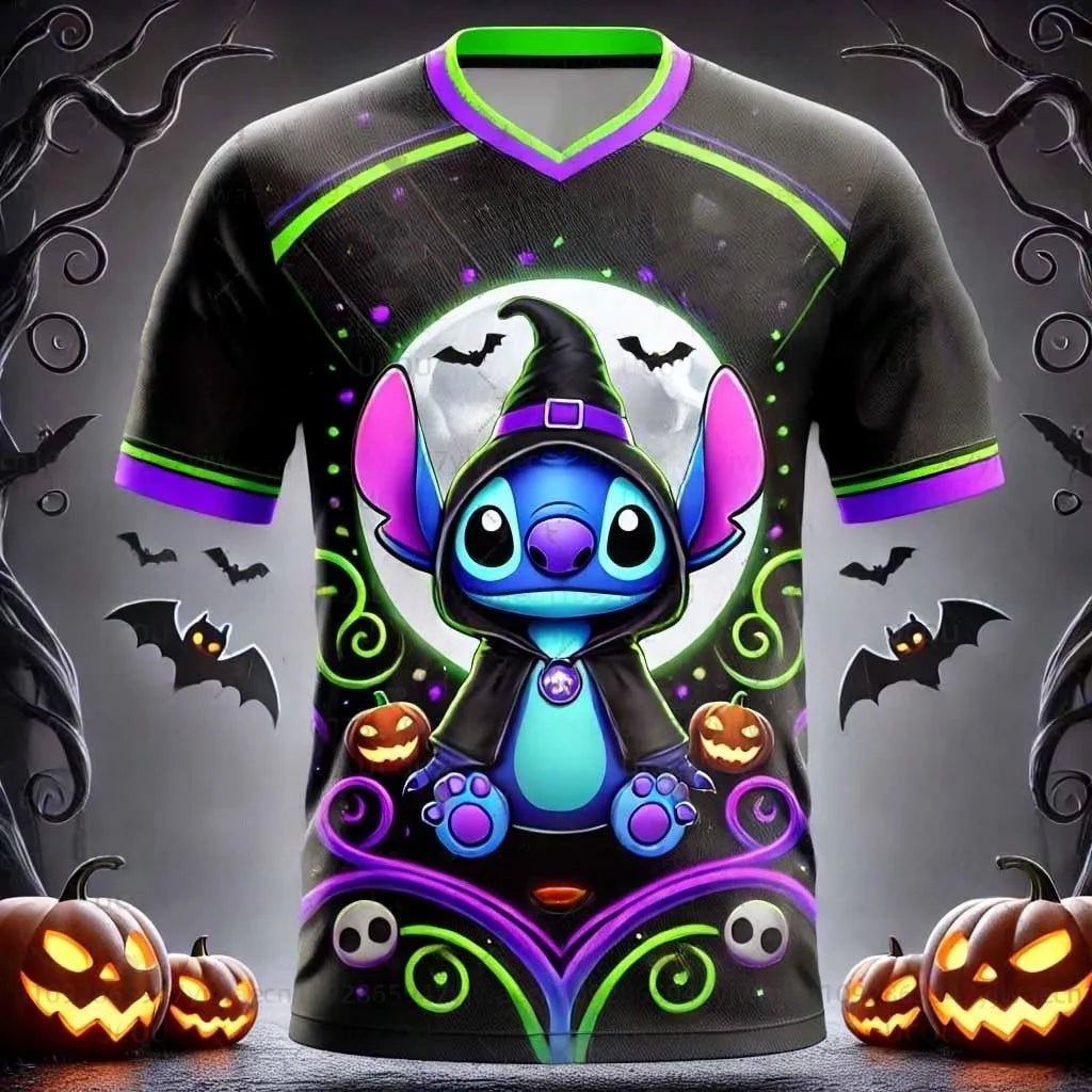 Disney Women's Men's Sports Jersey Halloween Stitch Print Short Sleeve Summer Graphic Tee Children Cartoon Size Sport T-Shirt.