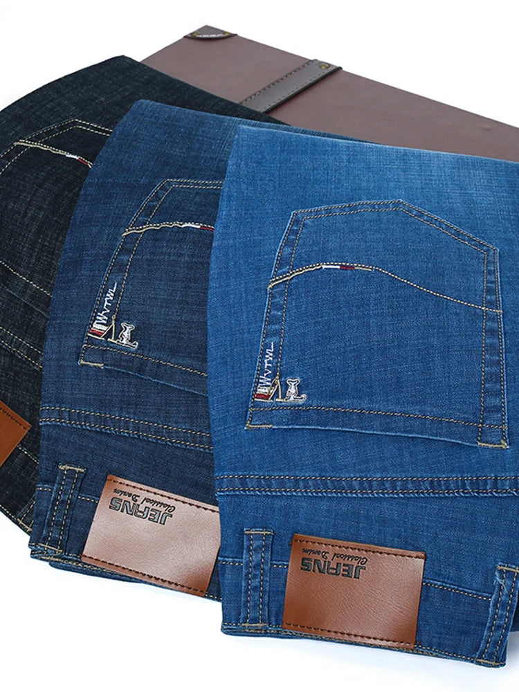 Sommer Dünne männer Gerade Jeans Klassische Schwarz Blau Stretch Casual Business Baggy Denim Hosen Männliche Marke Hosen.