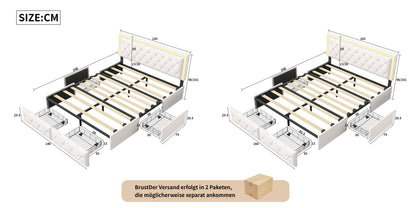 Lazyspace 4 Schubladen + RGB-LED-Kopfteil-Bettgestell, PU-Polsterbett, moderne Queen-Size-Einzel-Doppelbetten, Schlafzimmermöbel