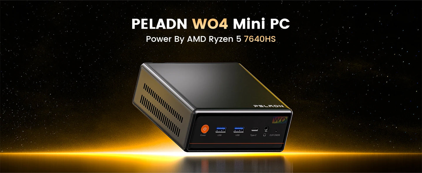 PELADN Gaming WO-4 Mini PC AMD Ryzen 5 7640HS(6 Cores，Up to 5.0GHz) 32GB Dual DDR5 1TB PCIe3.0 SSD Quadruple 4k Display support.