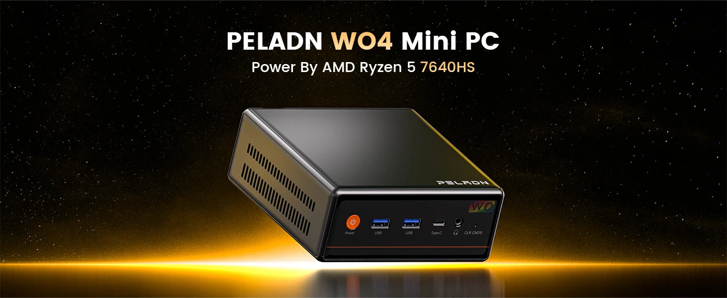PELADN Gaming WO-4 Mini PC AMD Ryzen 5 7640HS(6 Cores，Up to 5.0GHz) 32GB Dual DDR5 1TB PCIe3.0 SSD Quadruple 4k Display support.