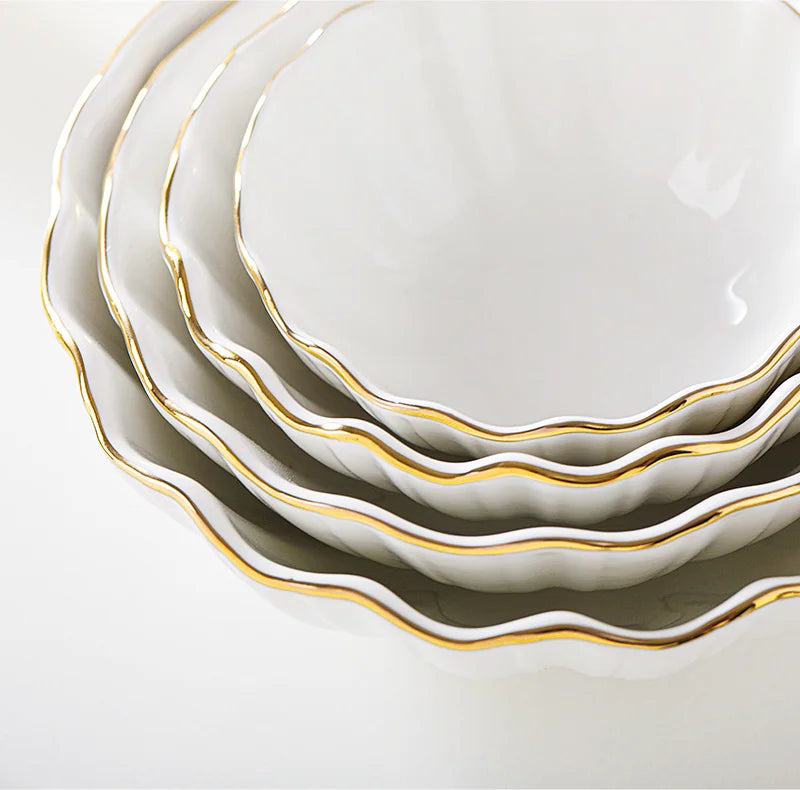 European high-end gold edged ceramic bowl, fruit salad bowl, household breakfast rice noodle bowl, hotel restaurant tableware.