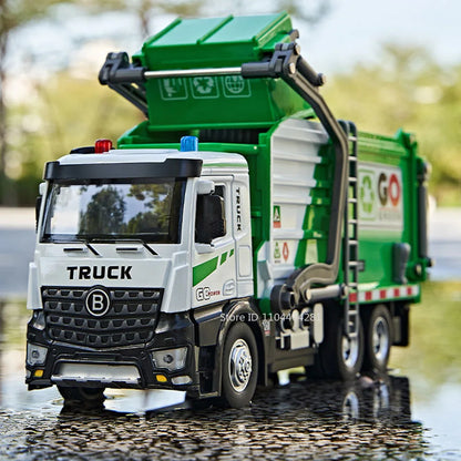 1:18 Electric Sanitation Garbage Truck Toy Cars Model Alloy Water Tanker Diecast Light Sound Vehicle Children's Educational Toys.