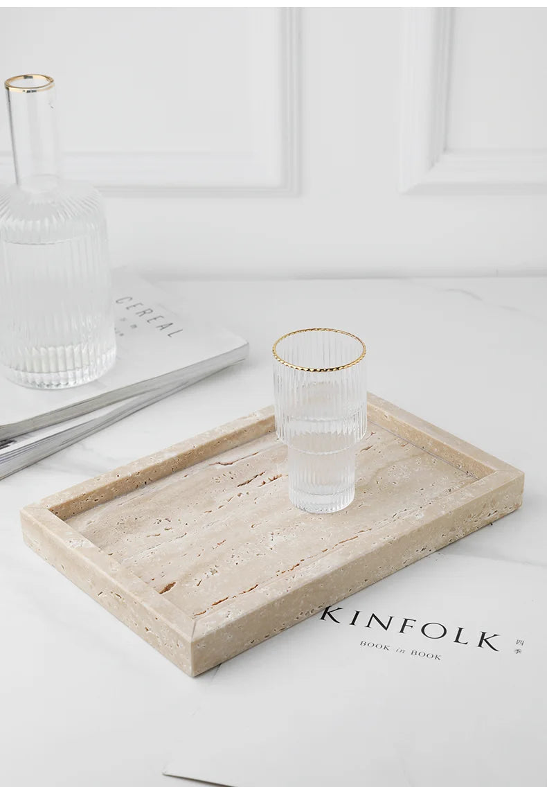 Minimalism Marble Tray for Perfume Candles Jewelry Travertine Stone Vanity Tray for Dresser Countertop Coffee Table Serving.