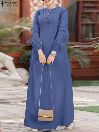ZANZEA Muslim Women's Maxi Dress Islamic Hijab O Neck Half-Button Denim Blue Abaya Holiday Lantern Sleeve Loose Casual Vestidos.