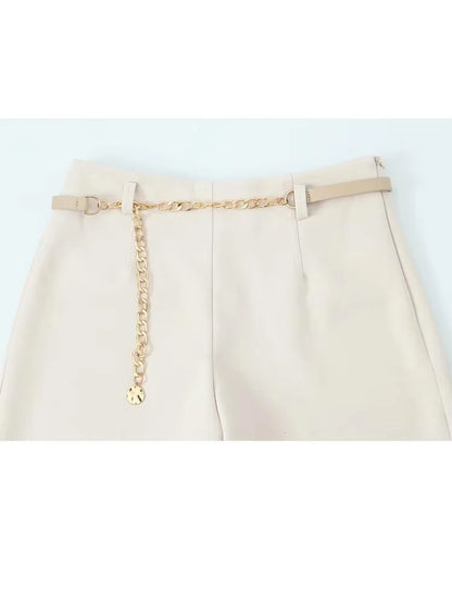 HH Women Solid Pant Set Long Sleeve O-Neck Double-Breasted Blazers+High Waist Chain Matching Side Zipper Trousers Sets.