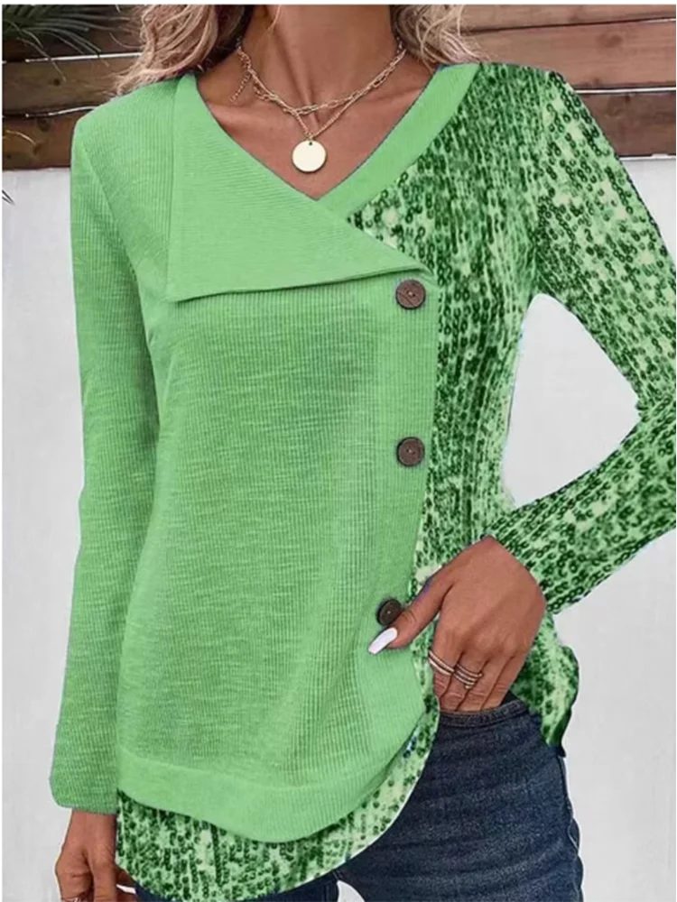 4 Color Blocked Button Long Sleeved Blouse Irregular Collar Women's Casual T-shirt Street Fashion Daily Autumn Top.