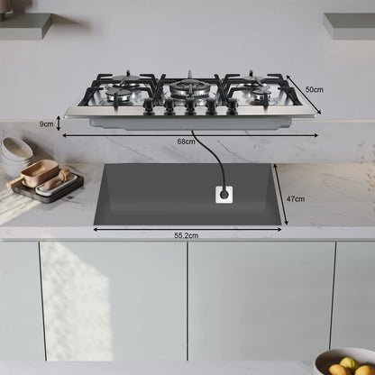 68cm 5-Burner Gas Hob Stainless Steel Gasherd Auto Flame Shield & Dual Fuel (Erdgas/LPG) 10460W Pro Line Built-in/Standherd.