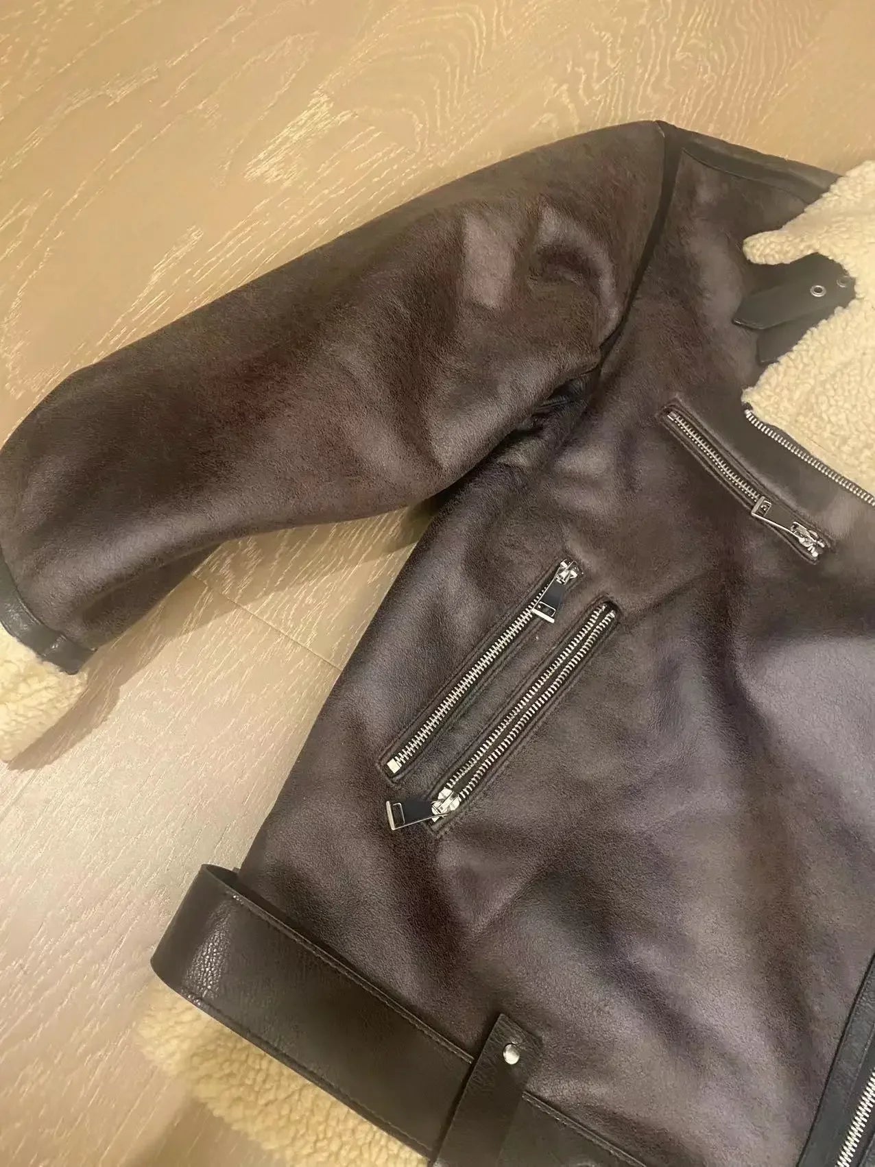 Frau dicke warme doppelseitige Faux Shear ling Jacke Herbst Winter neue Revers Langarm Gürtel Saum Reiß verschluss weibliche Oberbekleidung