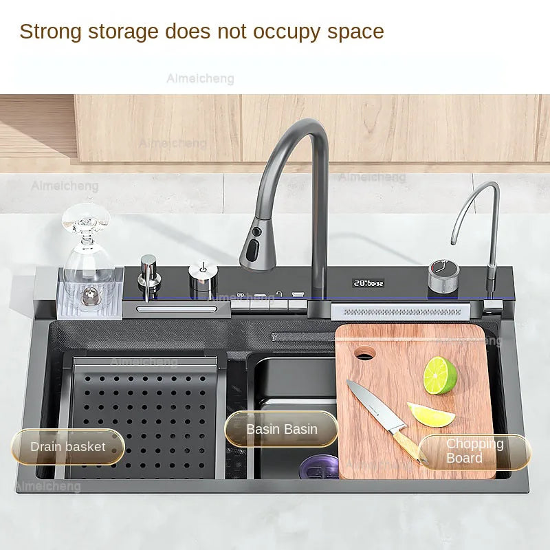 Küchenspüle aus Edelstahl mit Wasserhahn, Digitalanzeige, große Einzelschüssel, Wasserfall, Regen, 5-Funktionen-System, Spülbecken, Spüle