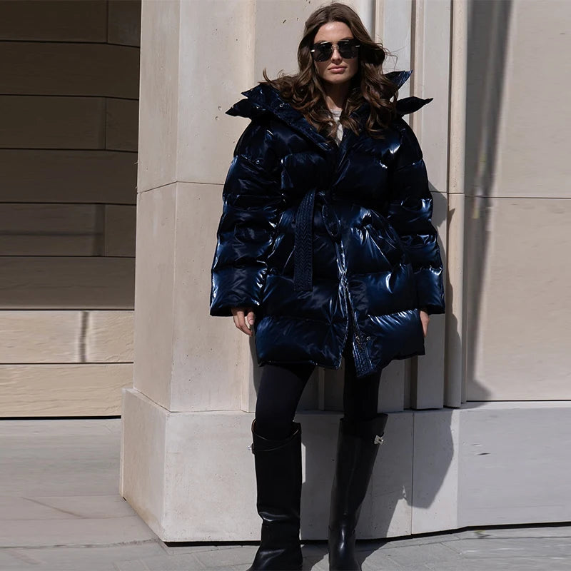 Frauen Glänzend Herbst Winter Mit Kapuze Baumwolle Gefütterte Jacke Lose Lange Hülse Spitze Up Warme Mantel 2025, Neue Dame Mode Party outwear